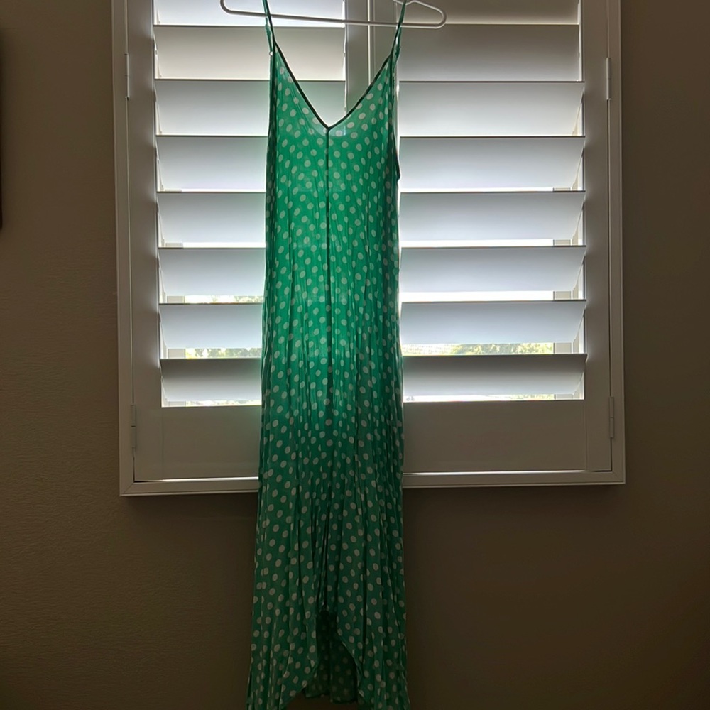 Pastel Green and White Polka Dot Spaghetti Strap, High-Low, Midi Dress